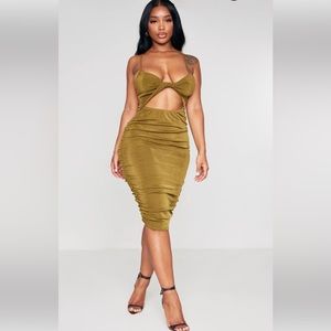 Olive slinky twist ruched midaxi dress
